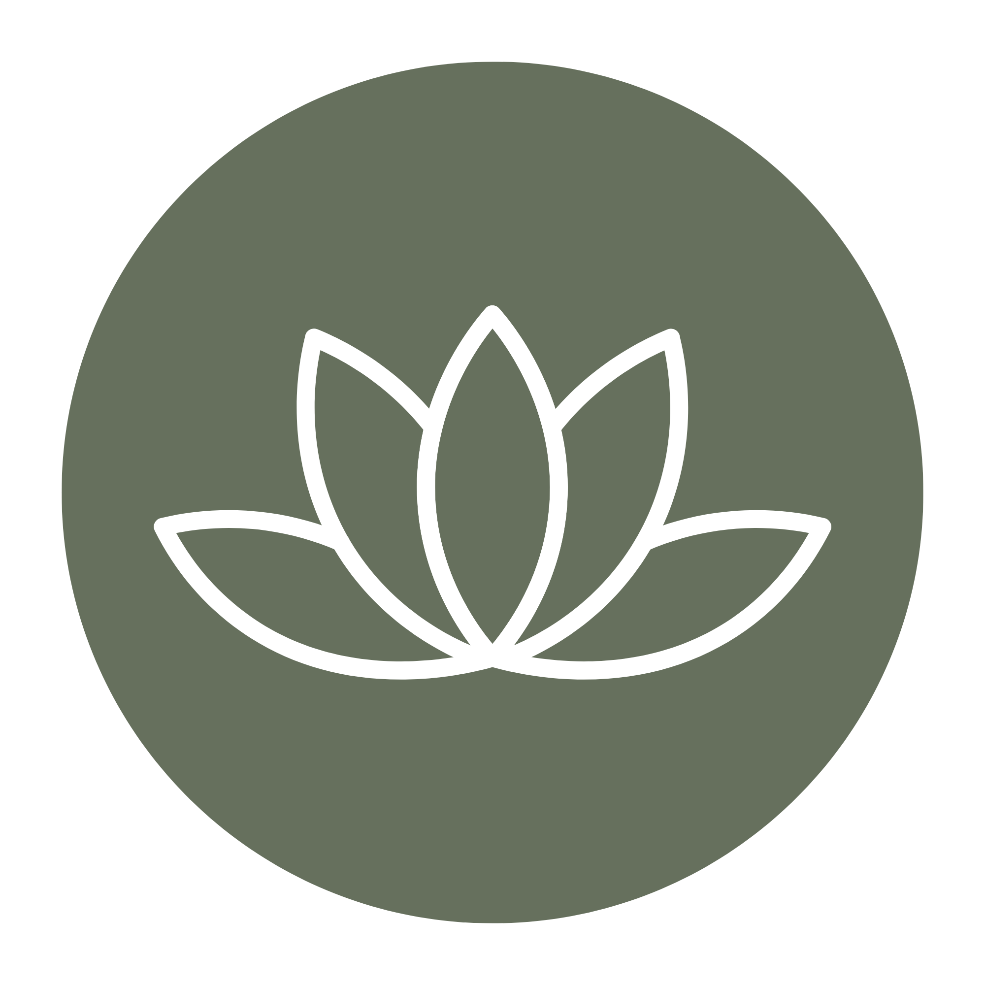 A minimalist graphic featuring a dark green circle with an abstract white lotus flower in the center.