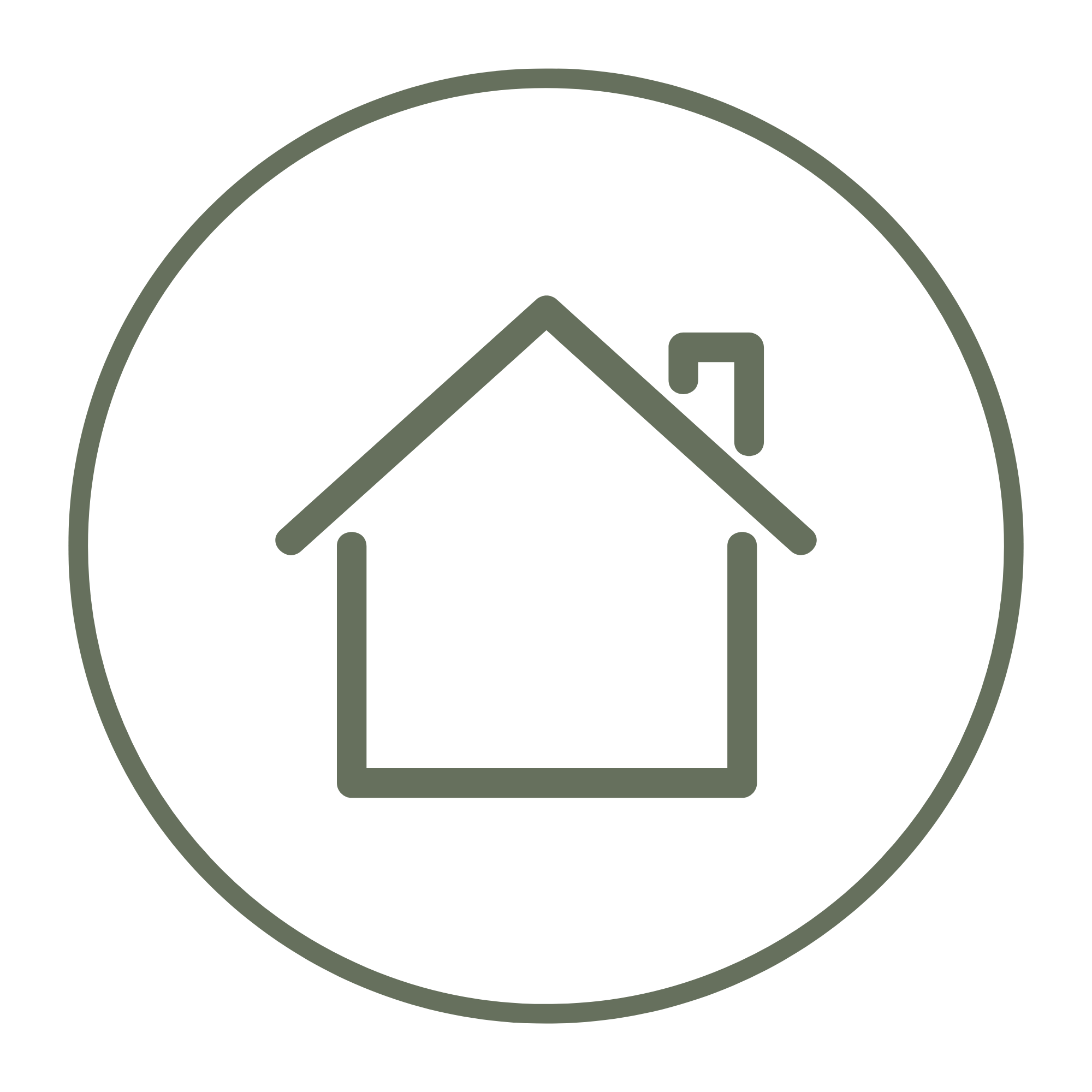 A minimalist black line drawing of a house inside a circle.