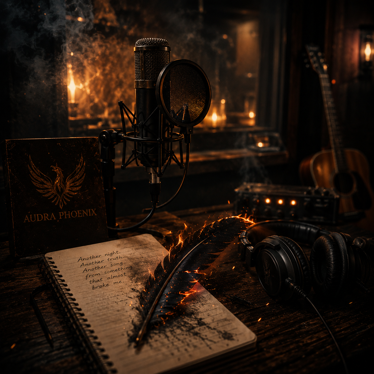 A vintage recording studio with a microphone, headphones, and a notebook with handwritten lyrics, surrounded by warm candlelight and a guitar in the background.
