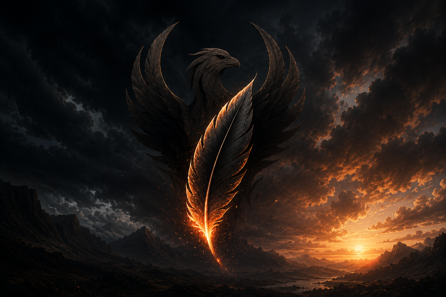 A majestic black eagle with wings spread, merging with a fiery feather against a dramatic sunset landscape with mountains and a cloudy sky.