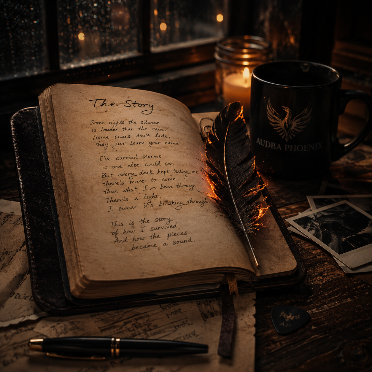 An open journal with a handwritten poem titled "The Story," a large feather quill, a lit candle, a black mug with a phoenix logo and the text "AUDRA PHOENIX," Polaroid photos, and papers on a rustic wooden table by a rainy window.