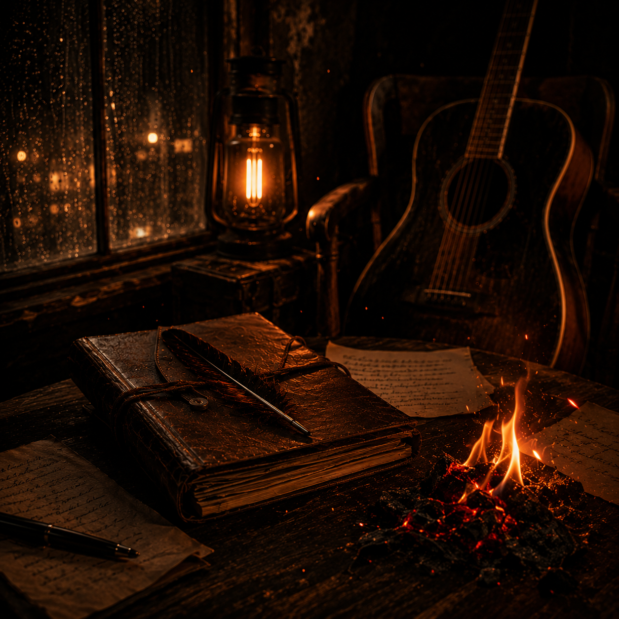 A cozy, dimly lit room with a roaring small fire on a wooden table, surrounded by handwritten letters, a closed leather journal with a feather quill, a pen, an acoustic guitar, a vintage lantern, and rain on a window in the background.