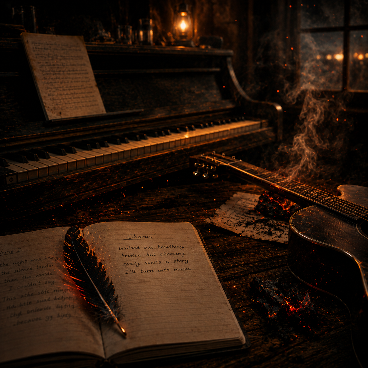 An open notebook with a feather pen on it, a piano in the background, and a guitar on the side. There are also scattered papers and a candle emitting a warm glow, creating a moody, artistic scene.