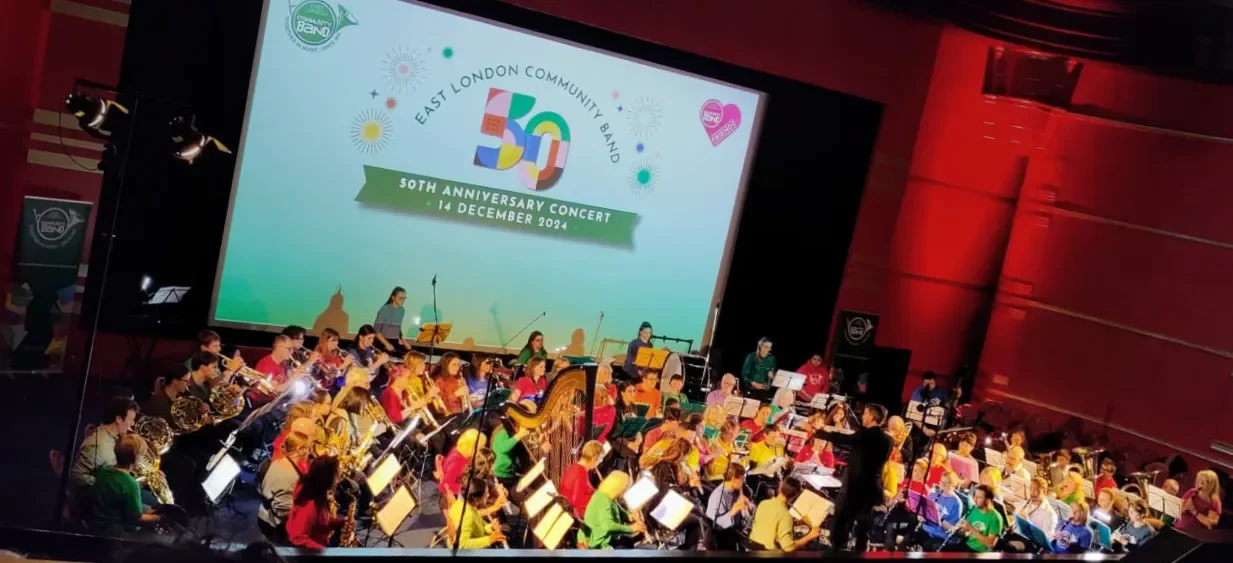 Matthew Hardy conducting East London Community Band in their 50th anniversary concert at Genesis Cinema Screen 1 in Mile End, London