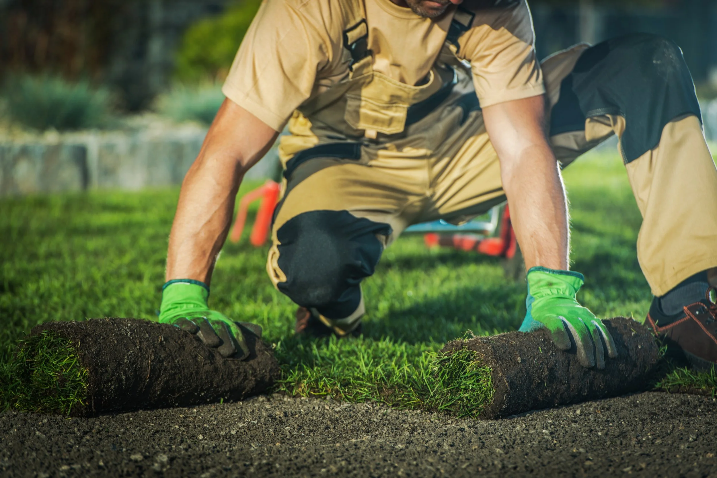 Worker in beige safety gear and green gloves planting a young tree in soil on a grassy patch.