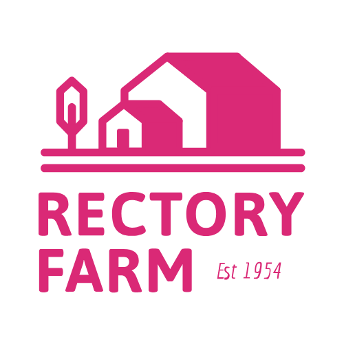 Pink logo with farm animals and tools above the text 'RECTORY FARM Est 1954' on a black background.