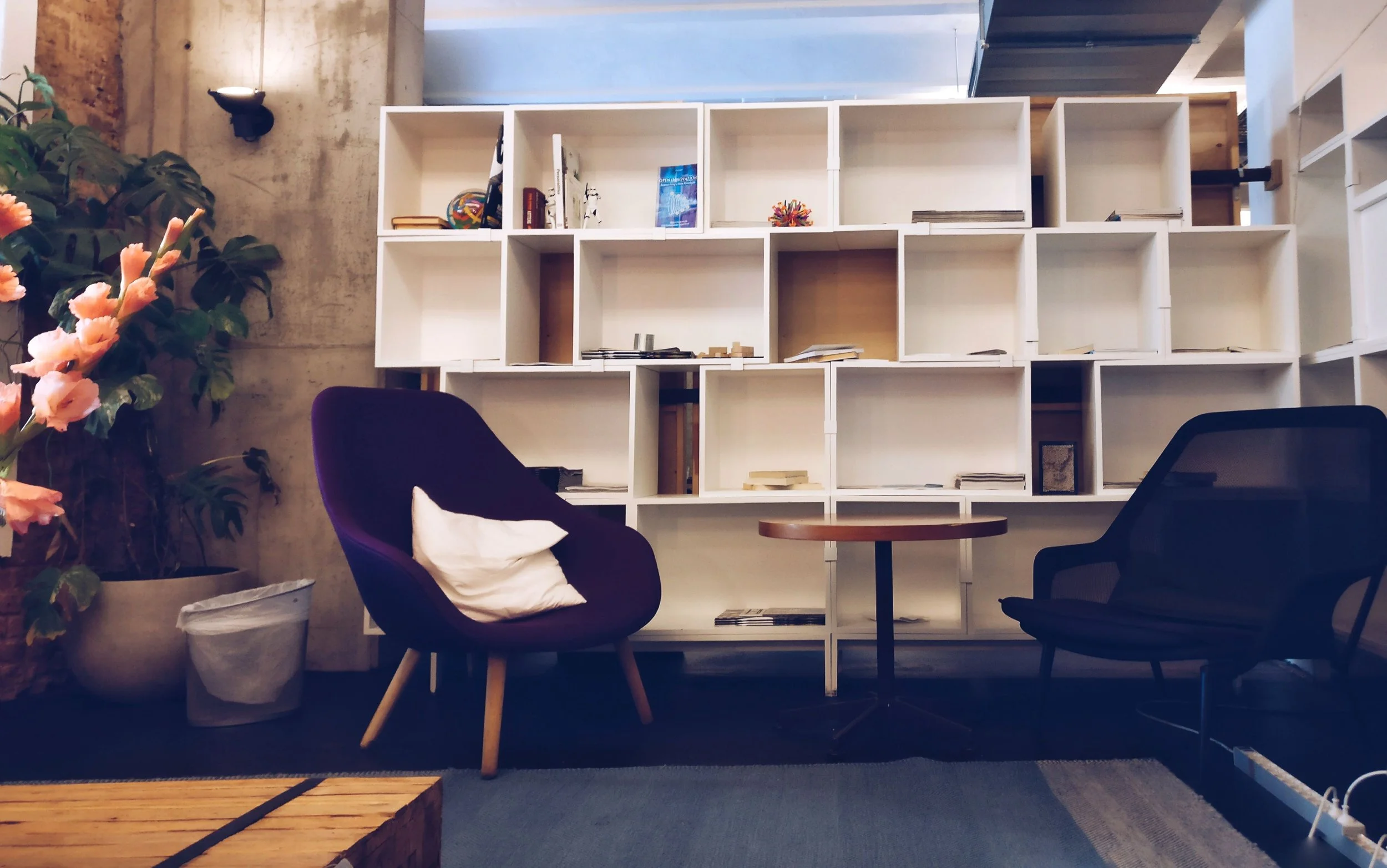 Interior view of a modern office or workspace with a white shelving unit filled with books and decorative items, two chairs with purple and black upholstery, a round wooden side table, a large plant with pink flowers, and an exposed concrete wall with a wall-mounted lamp.
