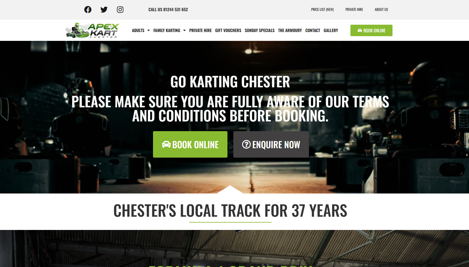 Homepage of Apex Kart Chester featuring go-karting track, booking options, and promotional information.