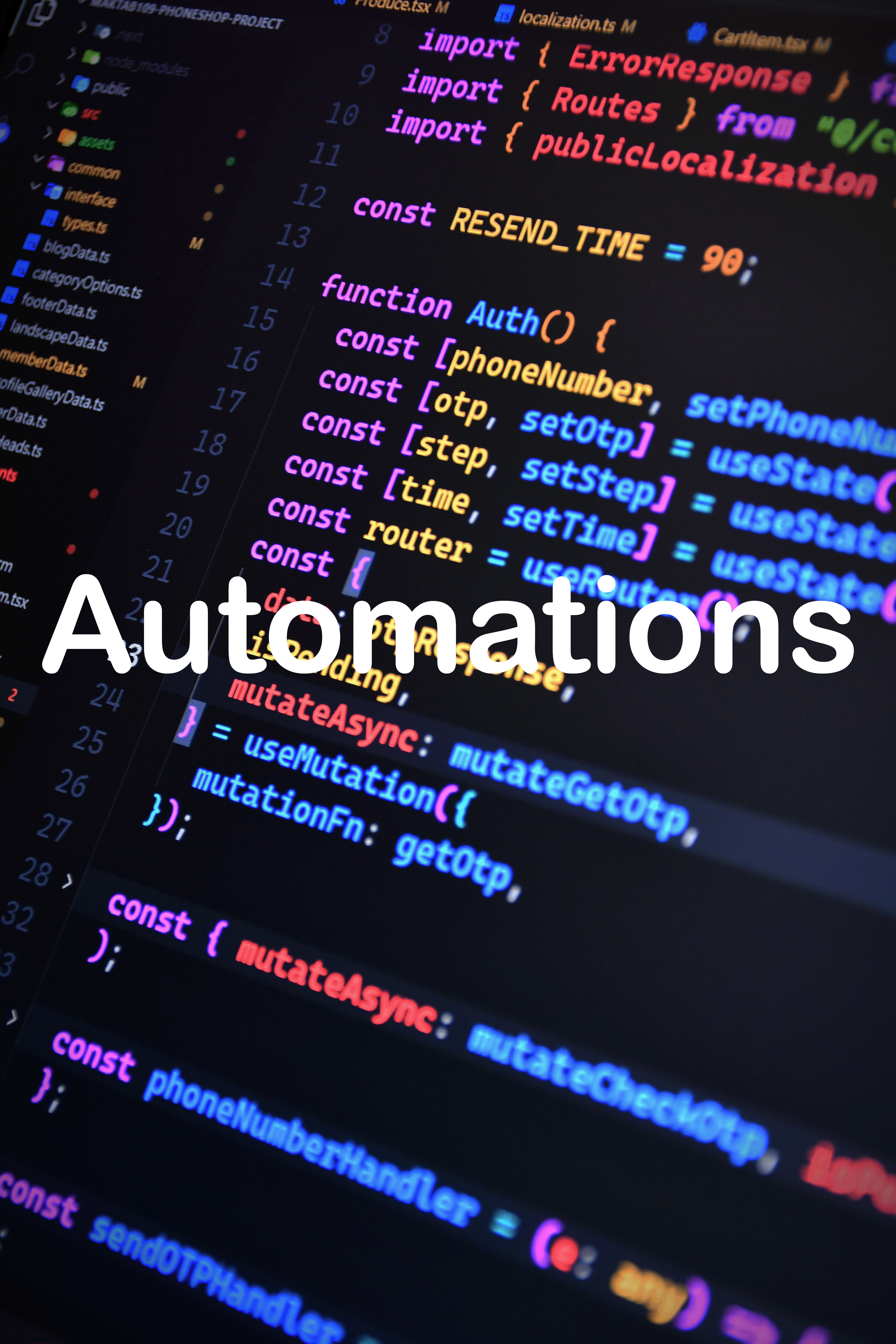 Computer screen displaying colorful code, including import statements and function definitions, with the word 'Automations' overlaid in white text.