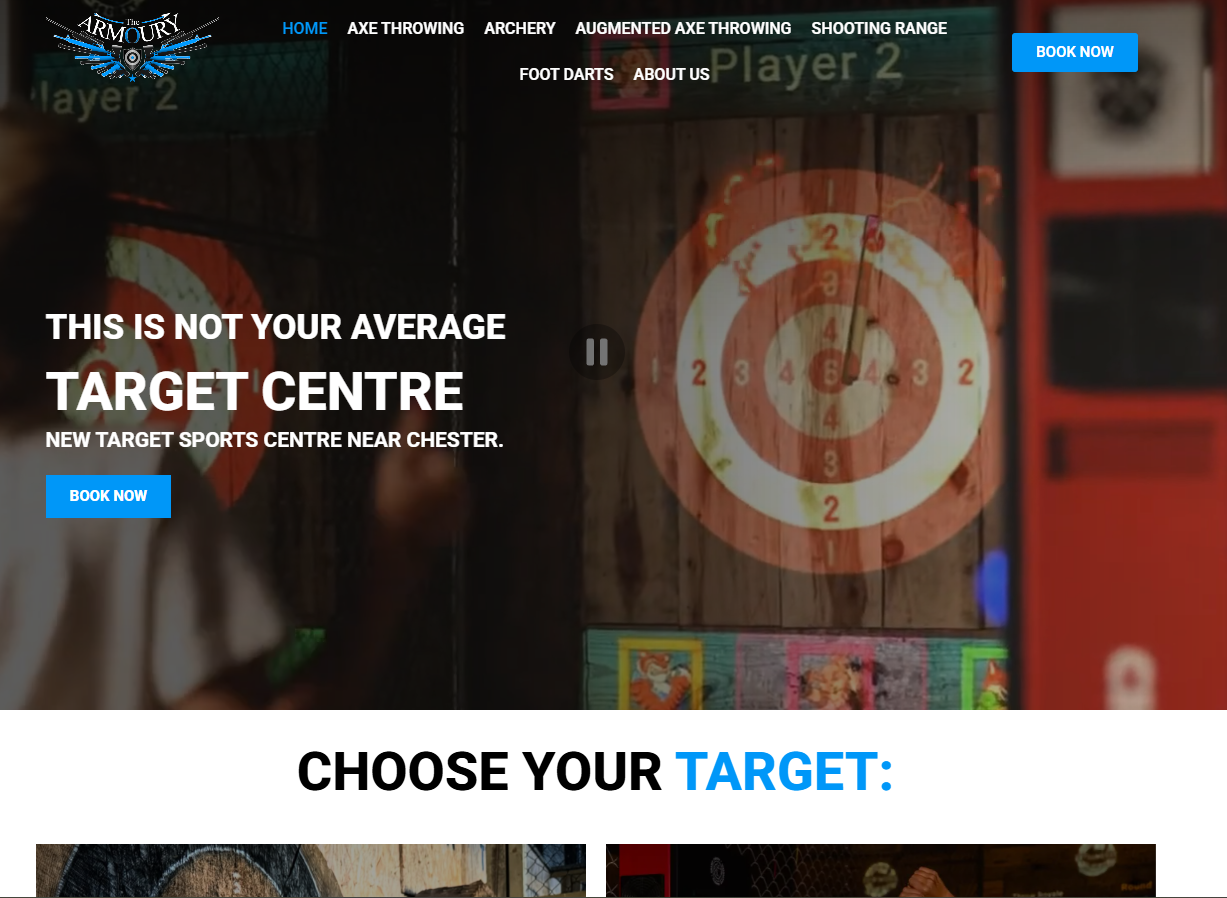 Website homepage for The Armoury sports centre, featuring options for axe throwing, archery, augmented axe throwing, and shooting range, with a large target dartboard graphic in the background and booking buttons.