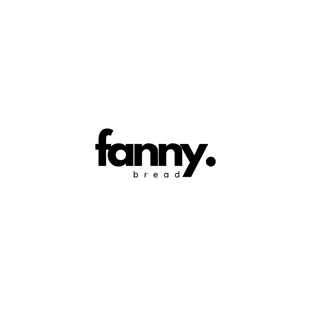 Black text reading "fanny" with a period, and smaller text underneath reading "bread," on a white circular background.