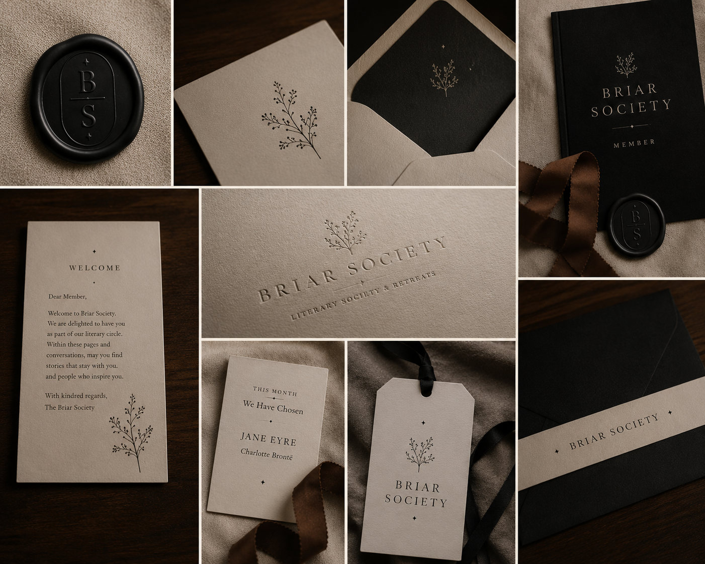 Collection of Briar Society event materials, including invitation cards, a welcome letter, a member badge, a bookmark, and decorative packaging in black and cream colors with botanical illustrations.
