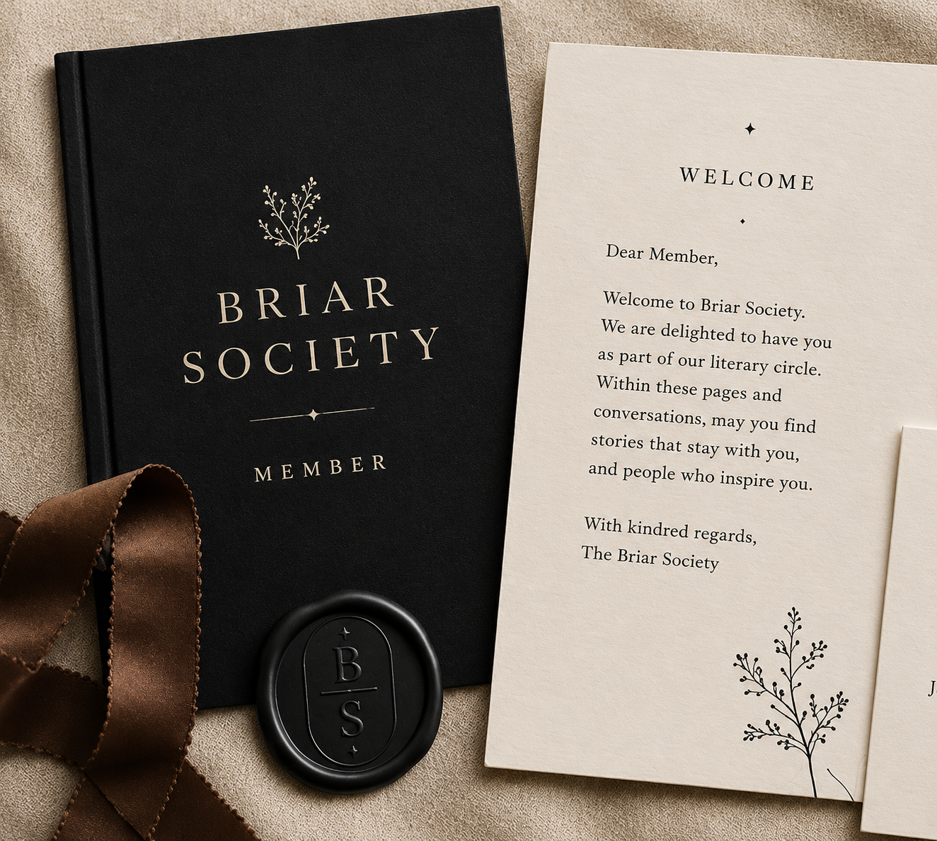 A black booklet titled 'Briar Society Member', a cream-colored welcome letter, a brown ribbon, and a black wax seal with the initials 'B S' arranged on a beige fabric background.