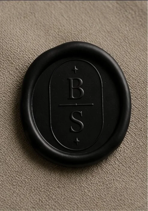 A black oval-shaped wax seal with the letters B, S, and a plus and minus sign embossed on it, placed on a textured surface.