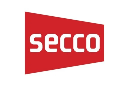 Secco logo with white text on a red, trapezoidal background