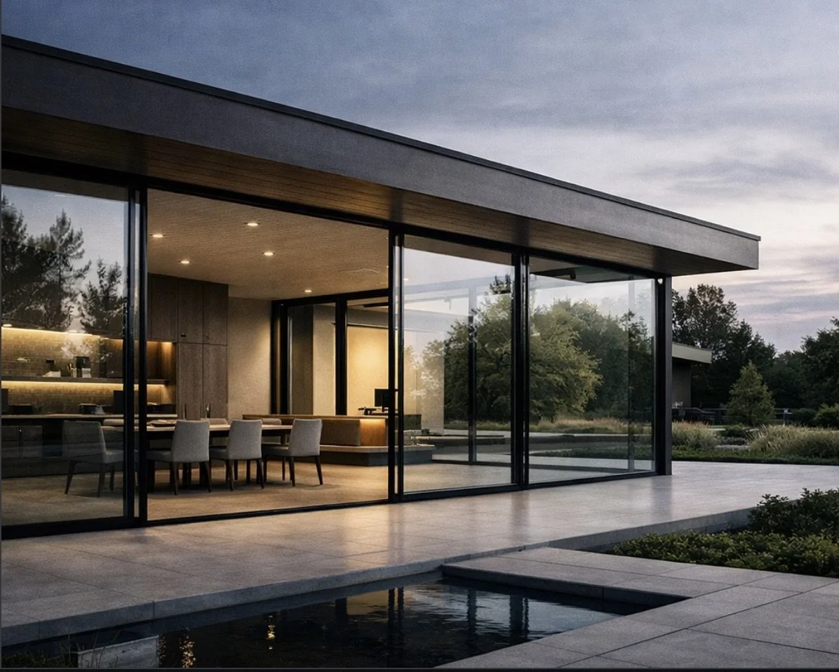 Modern house with large glass windows and sliding doors, interior visible with dining table and chairs, outdoor patio, and landscaped yard with trees and a small water feature at dusk.