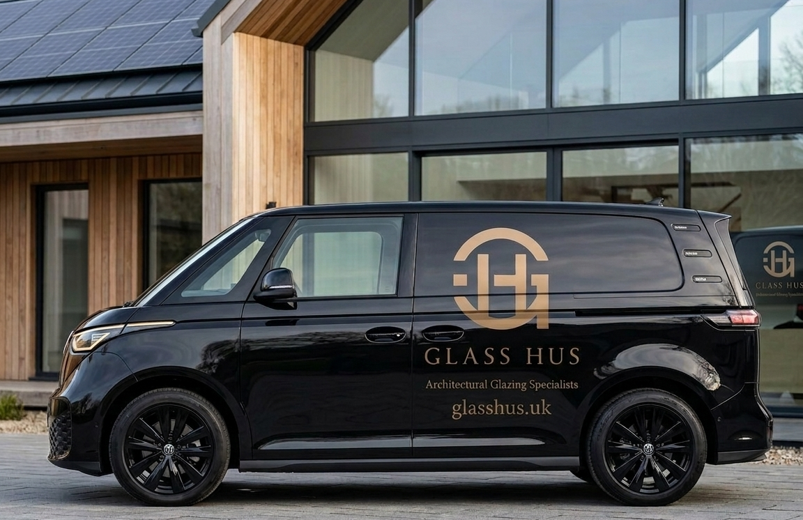 A black van with the logo and text 'Glass Hus' and 'Architectural Glazing Specialists' parked in front of a modern house with wooden and glass exterior.