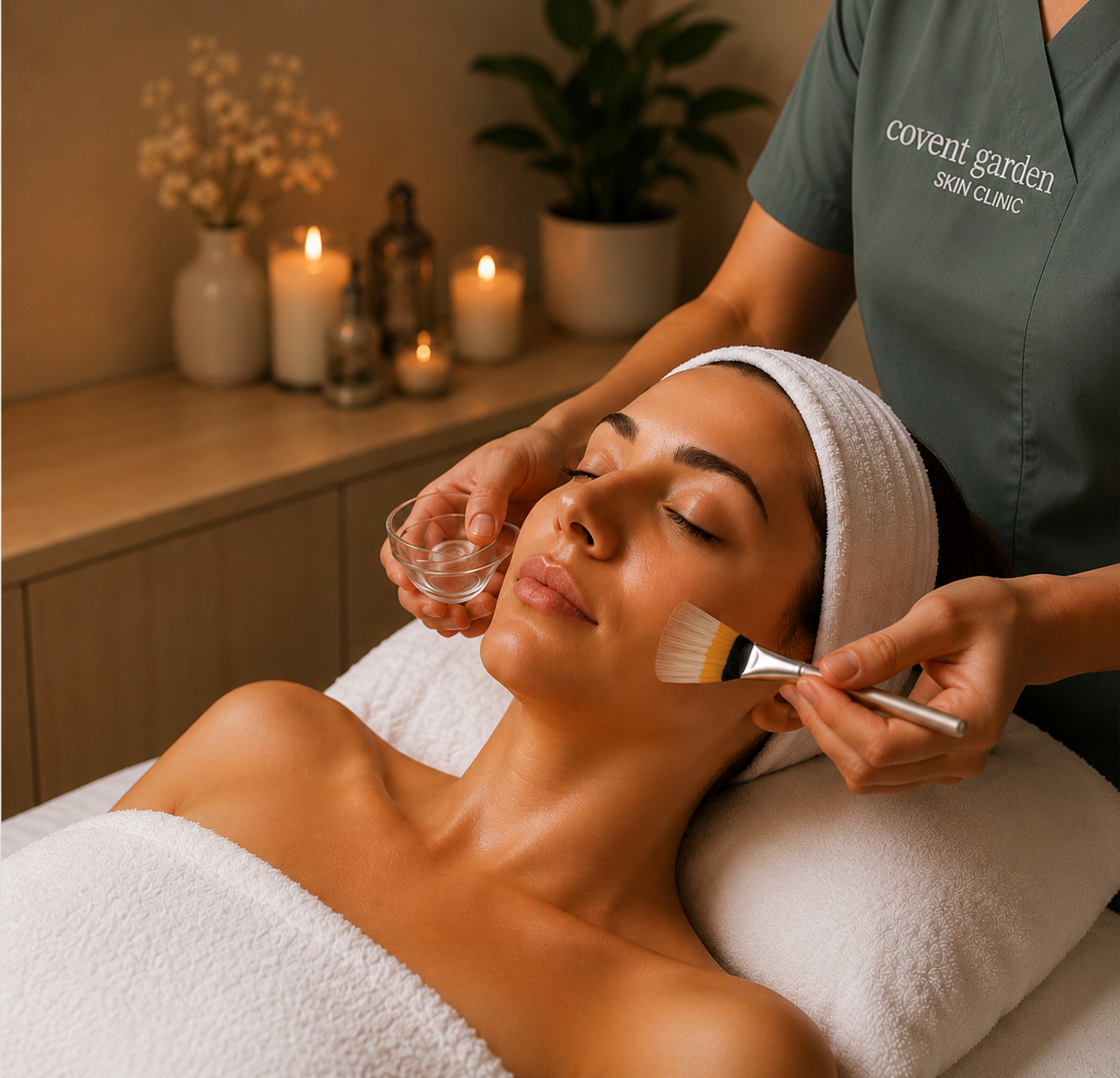 Client relaxing during a luxury facial treatment as a skincare professional applies an AlumierMD facial mask at Covent Garden Skin Clinic.