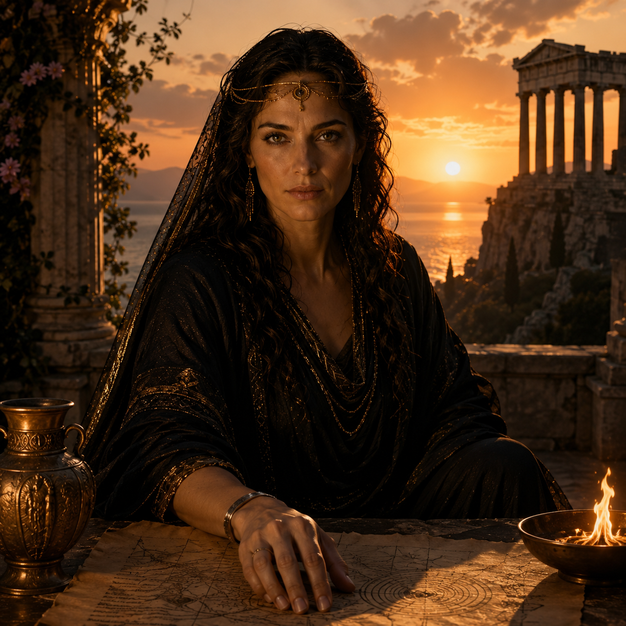 A woman in dark, ornate clothing with gold accents and jewelry, sitting at a table with an ancient map and a lit fire bowl, during sunset overlooking the ocean and historical ruins.