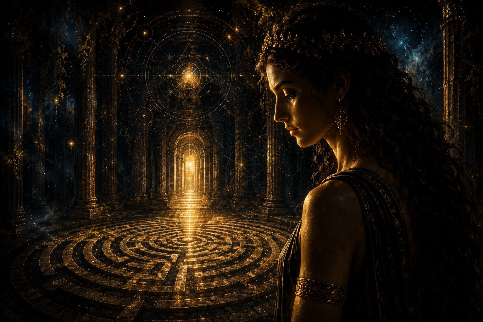 A woman with dark, curly hair and gold jewelry is in profile, standing inside an ancient, celestial-themed hall with glowing columns and a starry sky. The hall features a circular maze on the floor leading to a glowing doorway, with star maps and cosmic symbols in the background.