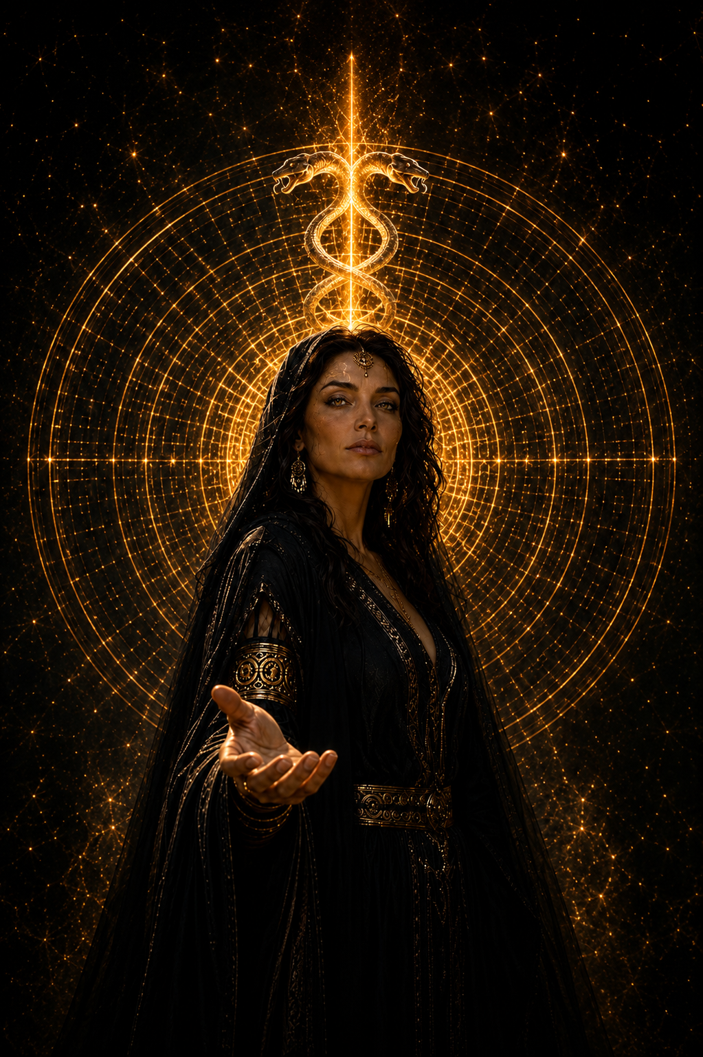 Oracle figure in black and gold robes extending her hand in invitation, standing before glowing sacred geometric labyrinth circles and twin serpents of golden light, symbolising wisdom, transformation, and entry into The Labyrinth.