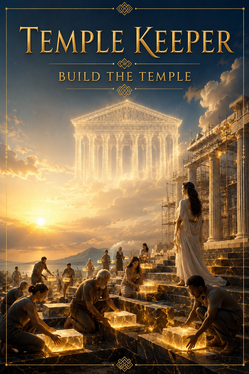 Illustration of people building an ancient Greek temple at sunset, with scaffolding and a glowing, semi-transparent classical temple in the sky.