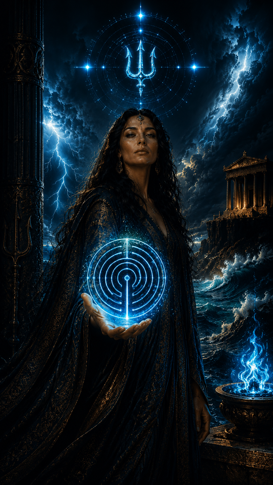 A mystical woman with dark hair and elaborate jewelry stands in a stormy sea landscape, holding a glowing blue radar wave symbol. Lightning strikes behind her, with ancient Greek temples on cliffs and a glowing trident symbol in the clouds.