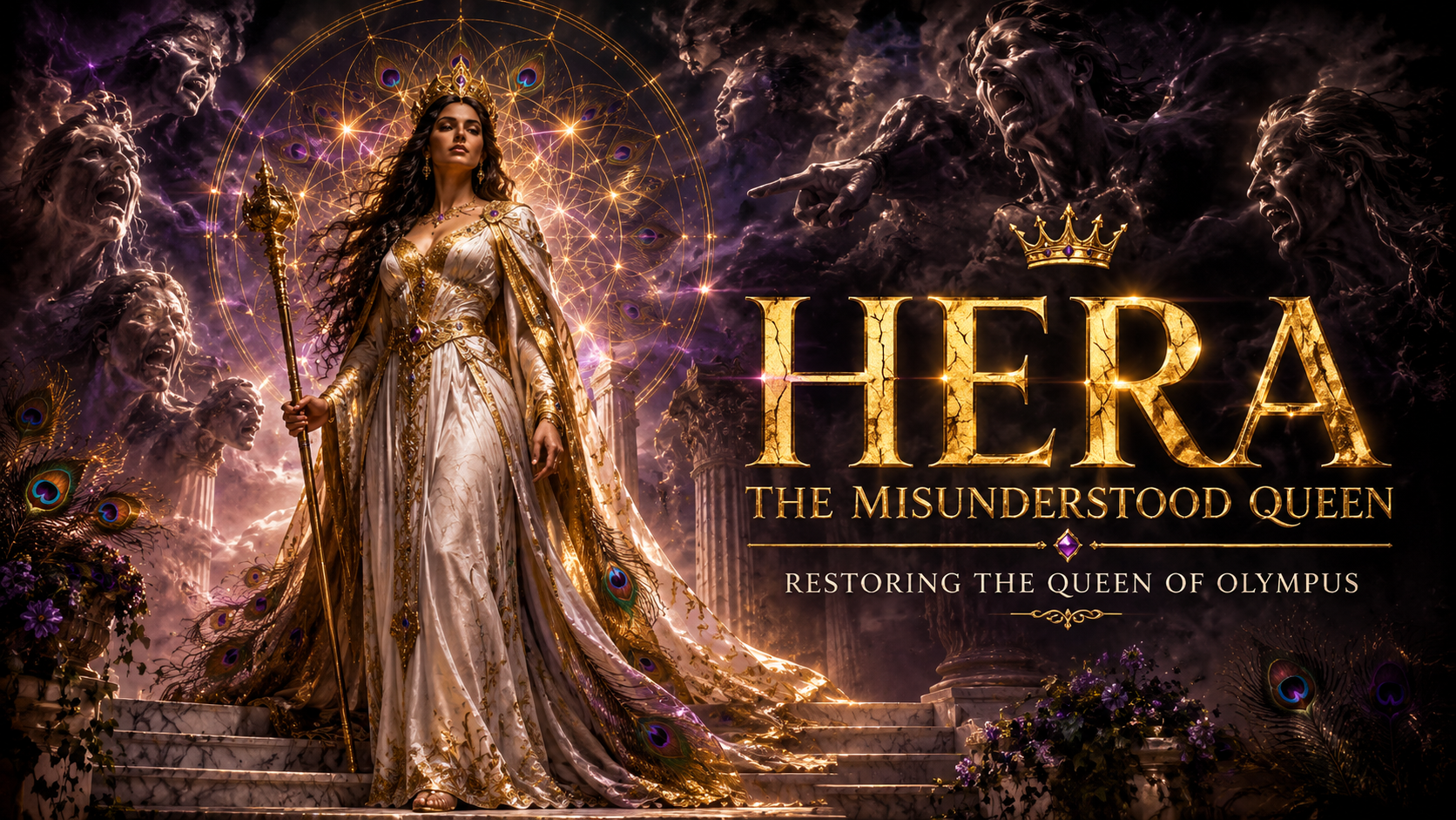 Promotional poster for the movie "HERA: The Misunderstood Queen" showing a regal woman dressed in white and gold with a crown and scepter, standing on marble steps surrounded by stormy clouds, angry faces, and mystical symbols, with decorative peacock feathers and flowers at the base.