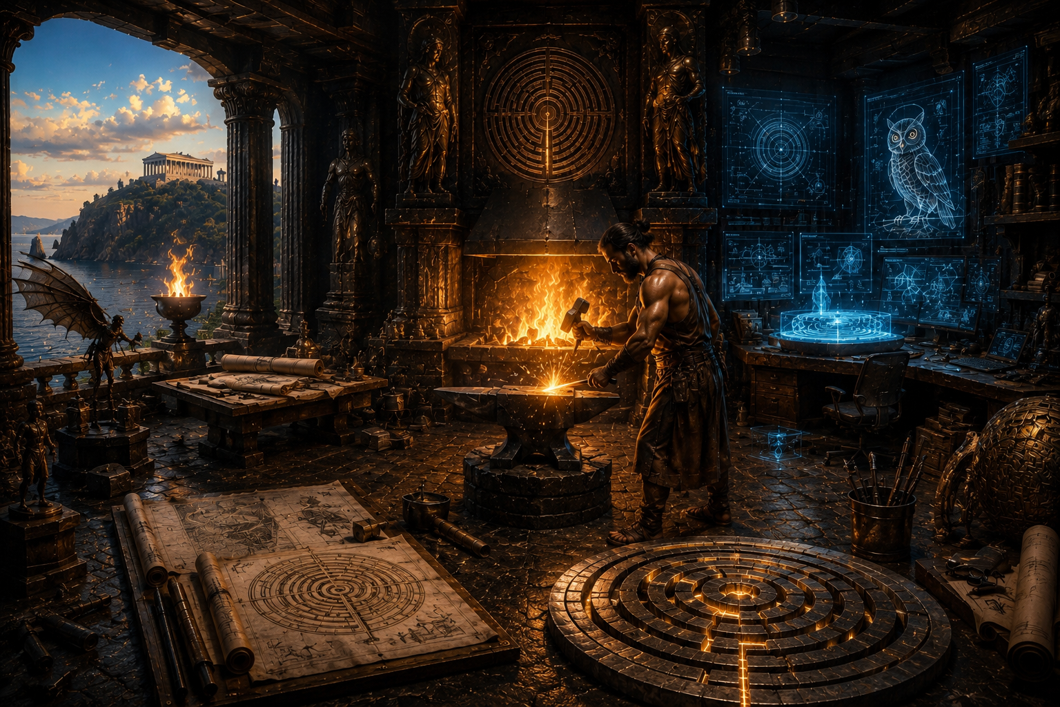 A blacksmith working in a dramatic, ancient-style workshop with a view of a lake and a classical temple on a hill outside. The workshop has ornate sculptures, glowing fire, blueprints, and electronic screens with futuristic diagrams.