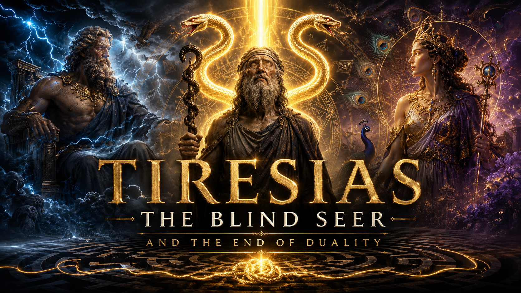 Mythological scene with Zeus seated on a throne on the left with lightning, Odin in the center with a staff and two serpents around his head, and a woman on the right with a crown and scepter, surrounded by mystical symbols and creatures, with the title 'Tiresias: The Blind Seer and the End of Duality.'