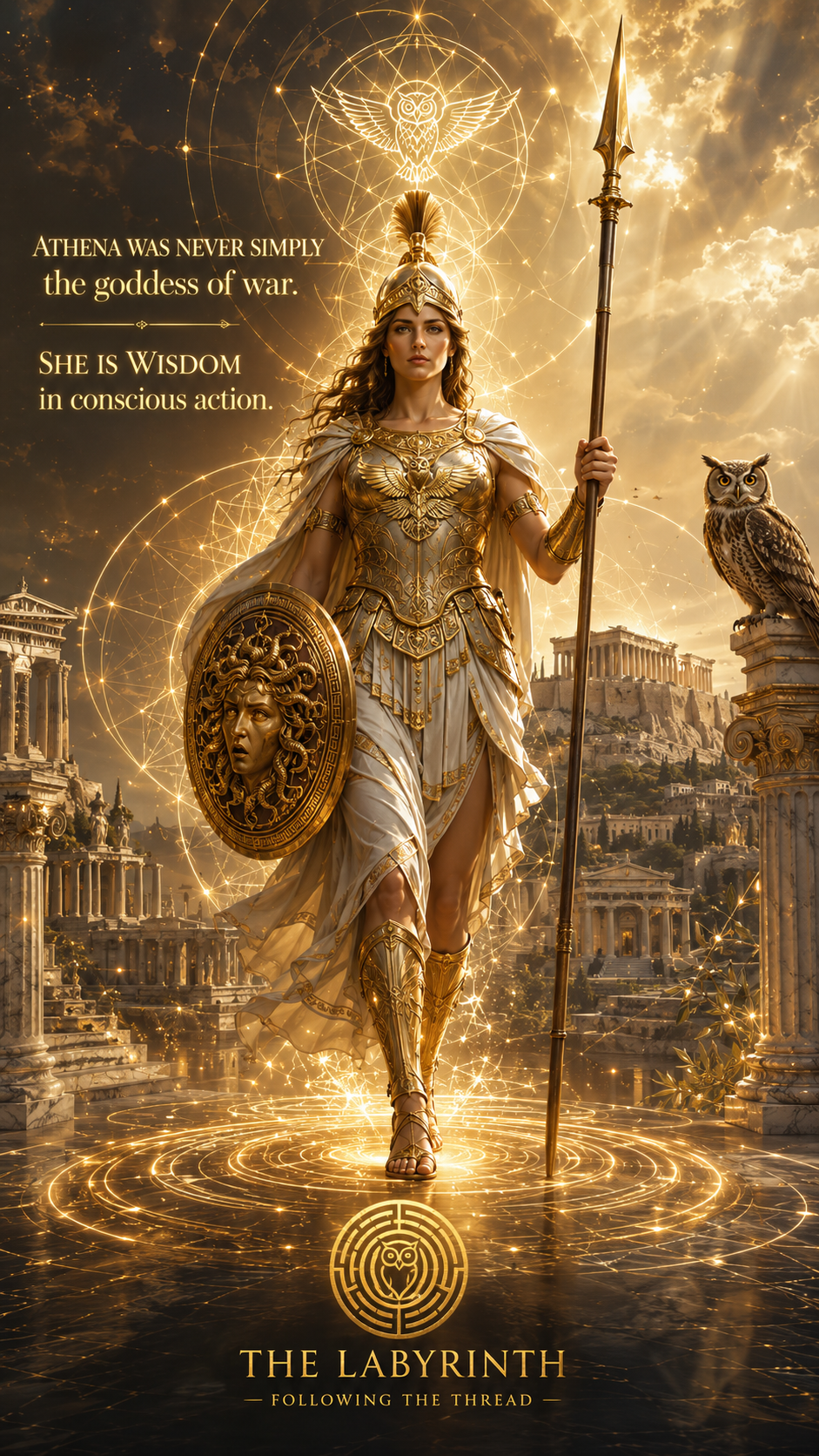 A fantasy illustration of a female warrior goddess in ancient Greek armor, holding a spear and shield with Medusa's head, standing on a glowing platform amidst ancient Greek architecture, with an owl perched nearby and a glowing owl symbol above her, all set against a golden sky with swirling patterns and Greek ruins.