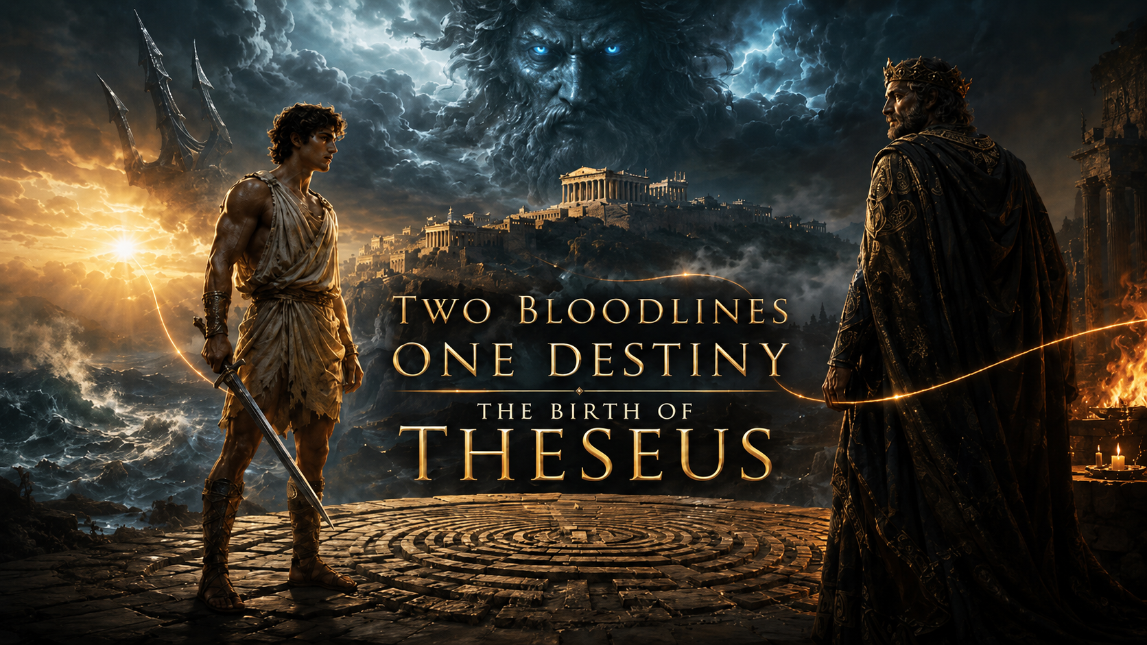 Promotional poster for the movie 'The Birth of Theseus' featuring two characters facing each other, with a mythological backdrop of ancient Greece, lightning, and a giant face in the clouds, with the text 'Two bloodlines, one destiny' and 'The birth of Theseus'.