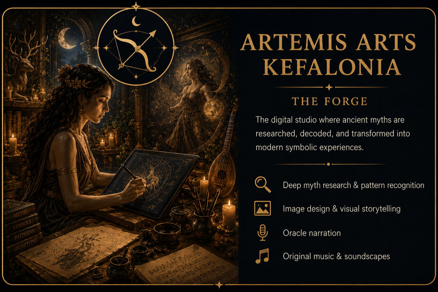 A woman dressed in ancient Greek-style clothing, sitting at a desk illuminated by candles, working on a digital tablet with mystical symbols. The background features mythological and celestial motifs, including a goddess figure, a guitar, and a moon. The right side of the image contains text promoting Artemis Arts Kefalonia, describing it as a digital studio for researching, decoding, and transforming ancient myths into modern symbolic experiences, with icons and bullet points listing services like myth research, image design, oracle narration, and original music.