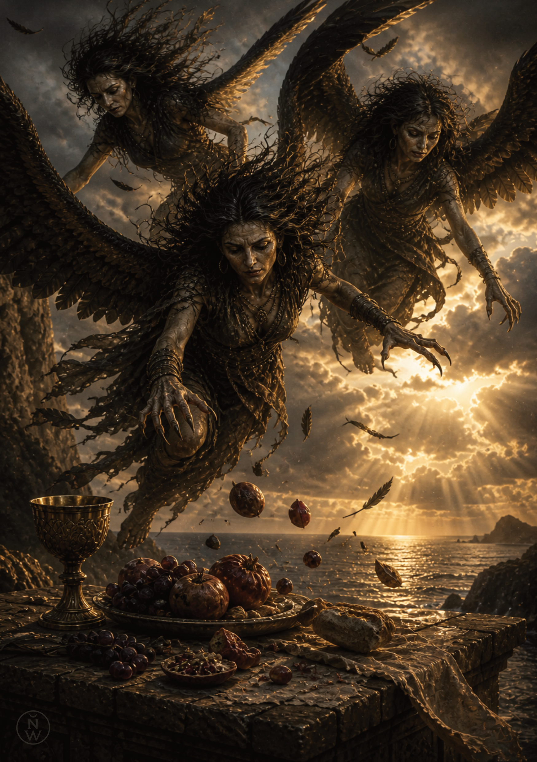 Three Harpies descending toward a stone table of food, symbolising disrupted nourishment in Greek mythology.