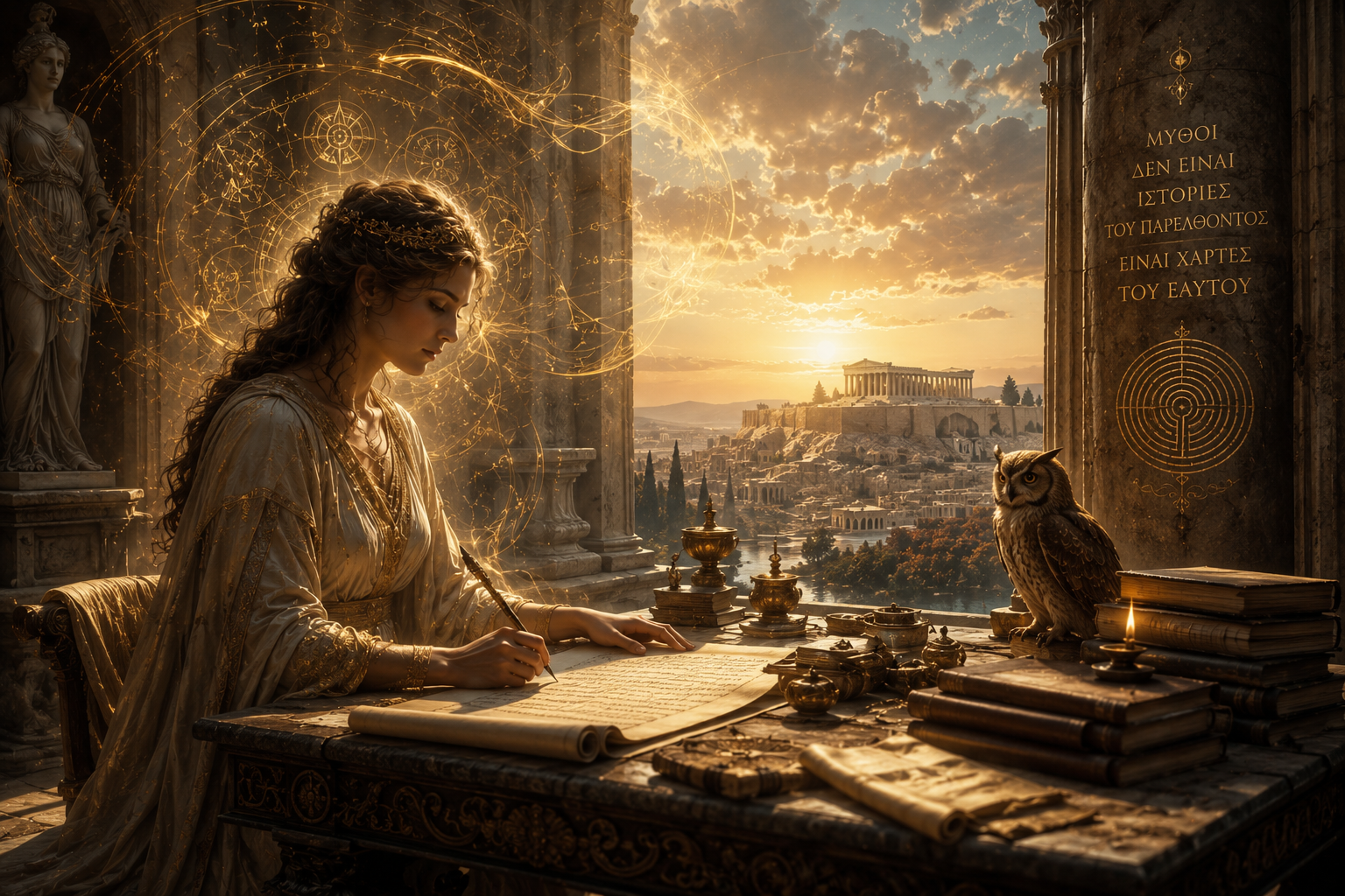 A woman dressed as an ancient scholar writing on a scroll at a desk with books, an owl, and a candle, overlooking an ancient city at sunset with Greek architecture and statues.