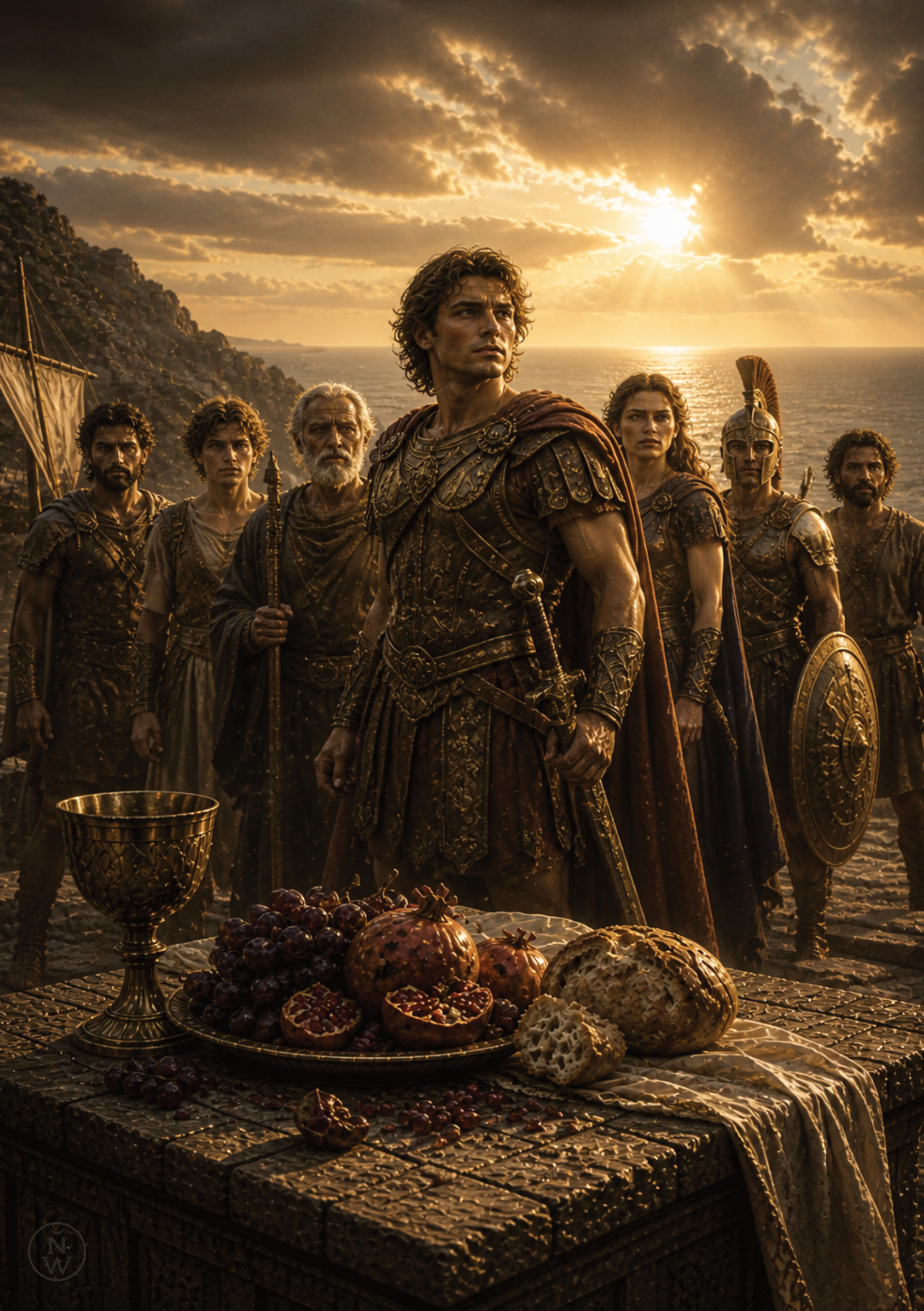 Jason and the Argonauts standing together near a stone table, symbolising support and intervention in Greek mythology.