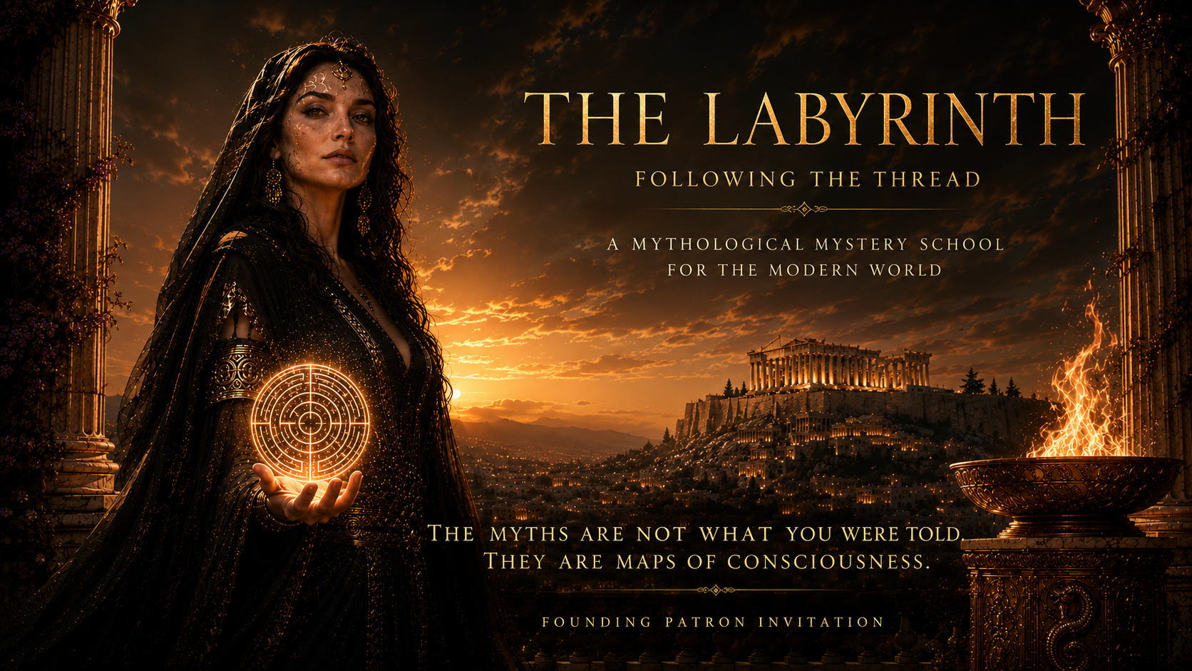 A woman dressed in black with ornate jewelry, holding a glowing symbol in her hand, standing in front of a sunset cityscape with ancient Greek-style architecture. Text on the image reads: "The Labyrinth: Following the Thread,""A mythological mystery school for the modern world,""The myths are not what you were told, they are maps of consciousness," and "Founding Patron Invitation."