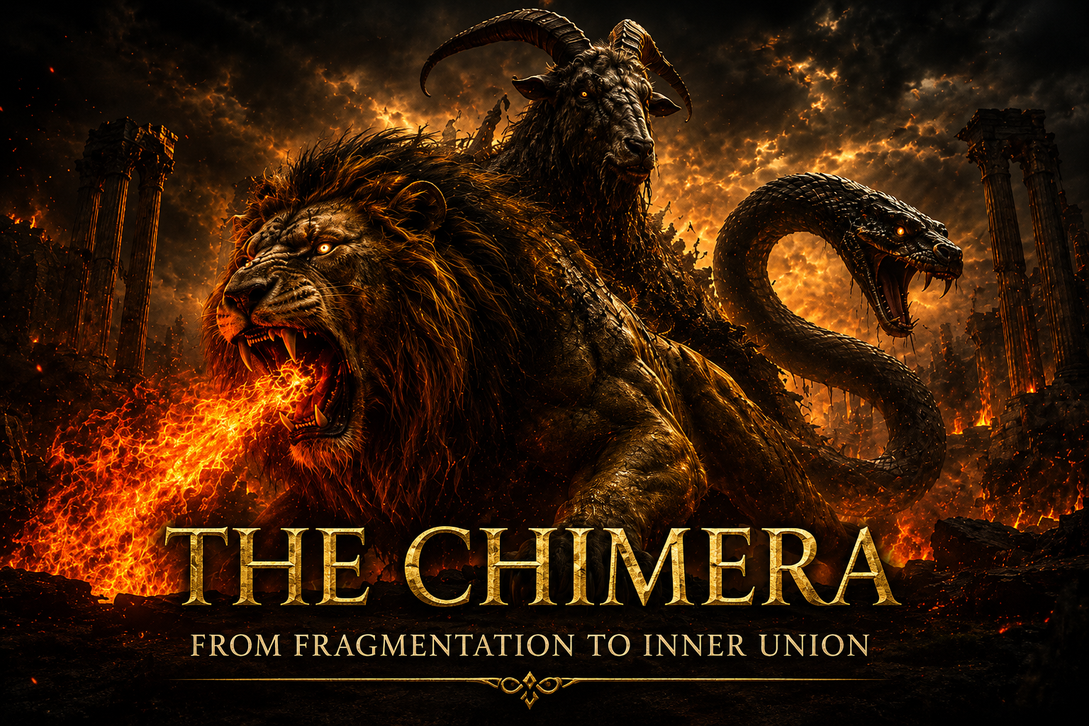 A digital fantasy scene featuring a lion, a goat with horns, and a snake, all with glowing eyes. The lion is breathing fire. In the background, there are ancient ruins and a fiery sky. The text on the image reads "THE CHIMERA" with a subtitle "FROM FRAGMENTATION TO INNER UNION."