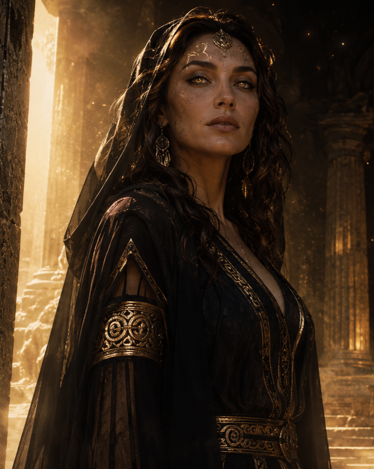 A woman with dark, wavy hair wearing ornate gold jewelry and a black, gold-embellished cloak stands in a regal setting with ancient columns and sunlight filtering through, giving a mystical, ancient aura.