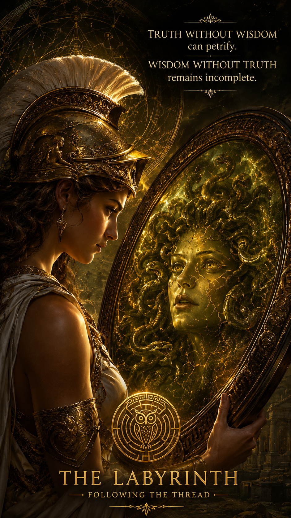 A woman dressed in ancient Greek-style attire, wearing an ornate helmet, gazes into a large mirror that reflects the face of a Medusa with serpents for hair, surrounded by golden designs and symbols, with a quote about wisdom and truth.