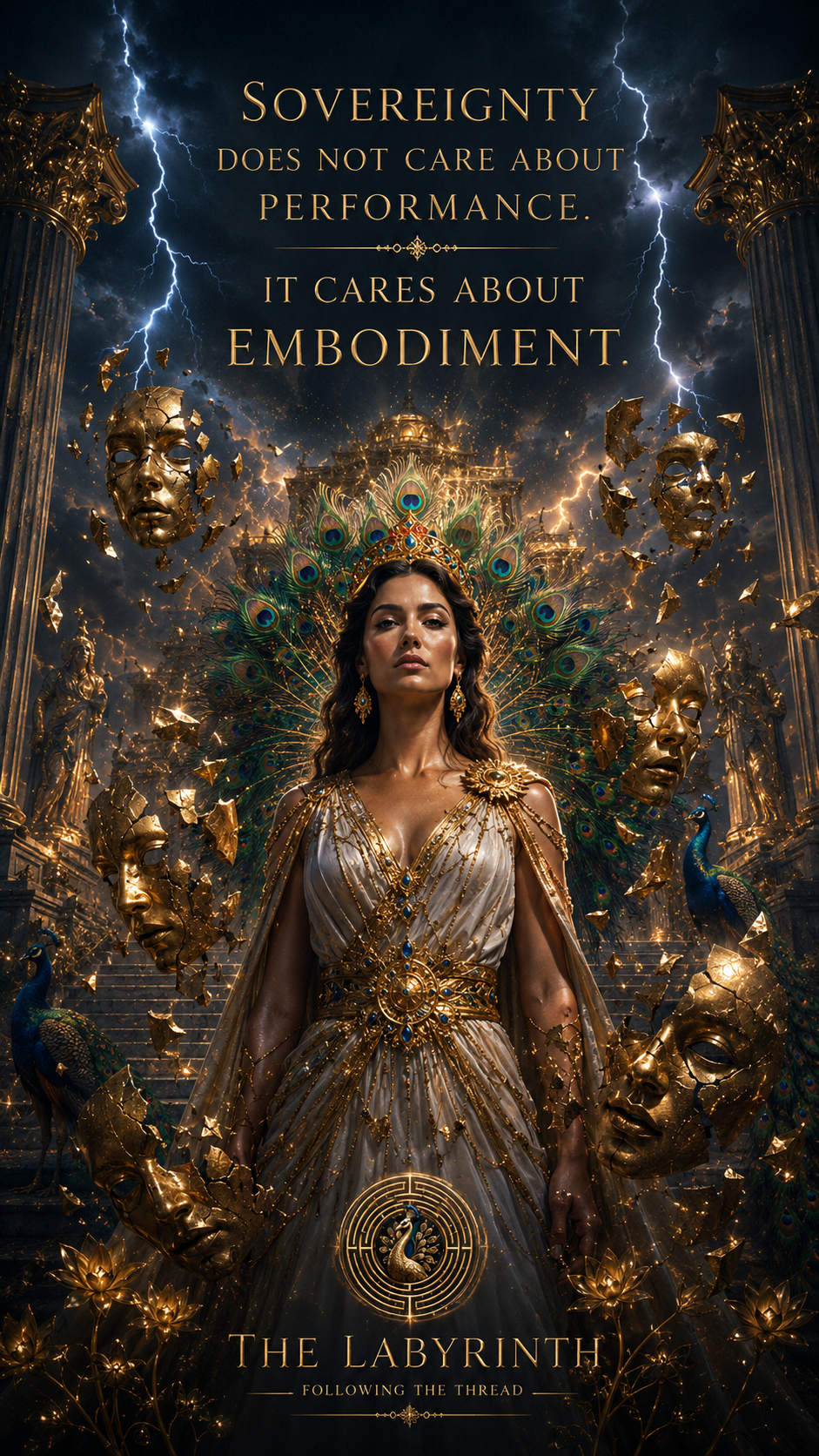 A fantasy scene with a woman in a gold and white gown, wearing a crown, standing in front of a grand staircase with golden statues and lightning in the dark sky. Surrounded by floating gold masks, peacock feathers, and glowing lotus flowers, with a peacock at her side. The text says: "Sovereignty does not care about performance. It cares about embodiment."