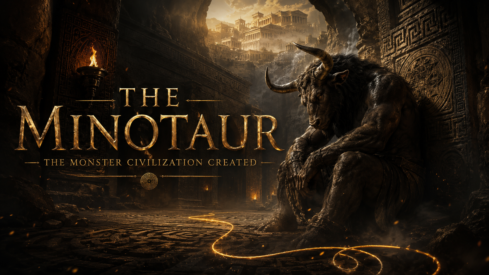 A dark, ancient temple interior with a minotaur creature sitting on the right, featuring muscular build and horns, gazing forward. Golden light illuminates the scene, with ancient Greek-style architecture visible in the background atop a hill. The image includes the title "The Minotaur" and the subtitle "The Monster Civilization Created" in prominent gold lettering.