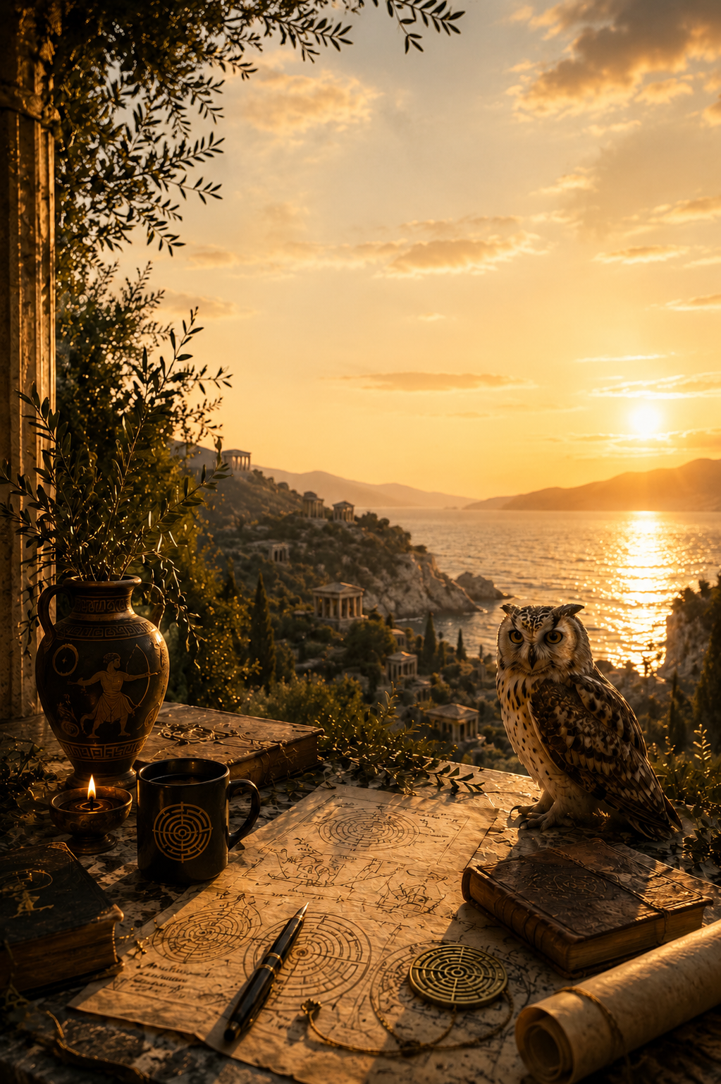 A scenic view of a balcony overlooking a body of water and mountains at sunset. On the balcony, an owl, ancient-looking documents and maps, a candle, a vase with greenery, a mug with a labyrinth design, a book, and a pen are displayed, creating a mystical atmosphere.