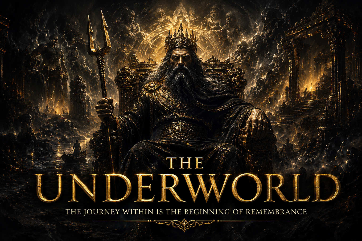 Dark fantasy artwork featuring a king-like figure with a crown and scepter sitting on a throne in a fiery, ancient setting. The background includes ruins, statues, and a cloudy, smoky atmosphere with a small boat on water. The text reads 'The Underworld' with the subtitle 'The journey within is the beginning of remembrance.'