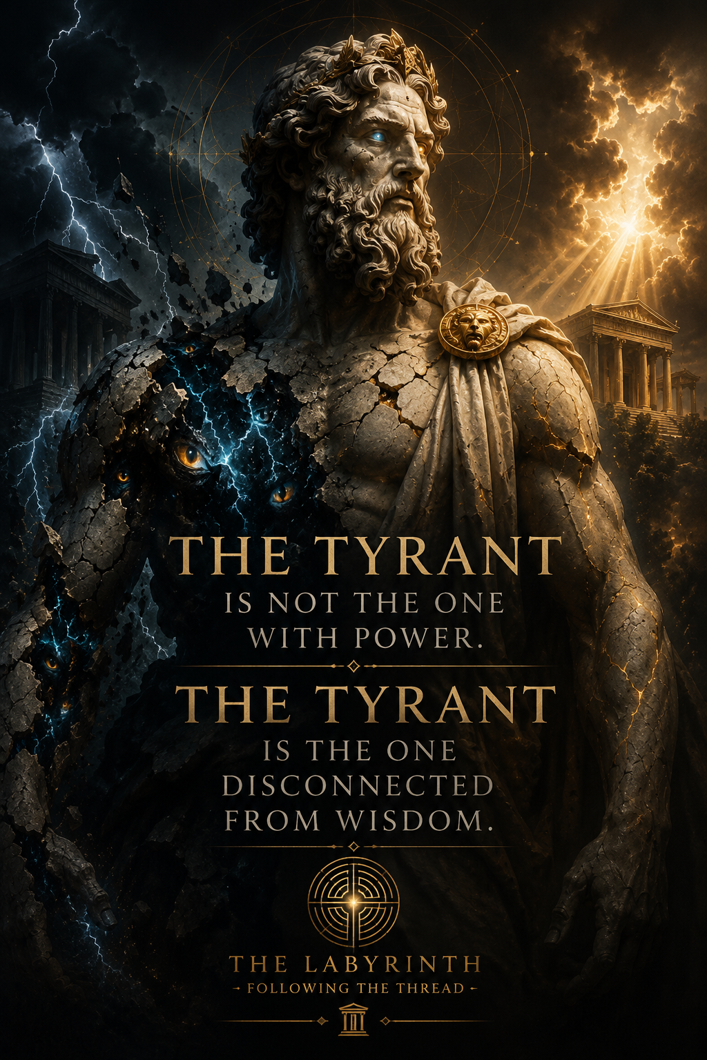 A statue of a bearded man with glowing eyes, cracked and damaged, surrounded by stormy dark clouds, lightning, and ancient Greek architecture. The scene is dramatic and epic, with an eagle emblem and a quote about power and wisdom.