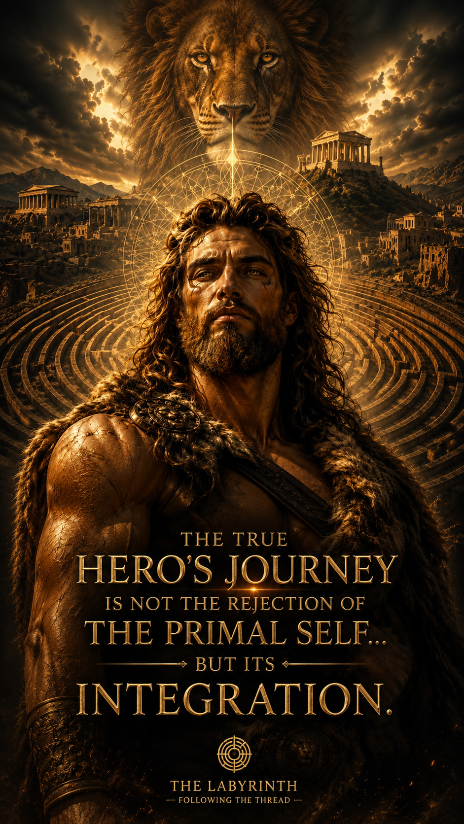 Poster for 'The Labyrinth: Following the Thread' featuring a muscular man with long curly hair and a beard, adorned in armor with fur, standing in front of ancient ruins and a labyrinth. A lion's face looms in the sky with a dramatic cloudy sunset background.