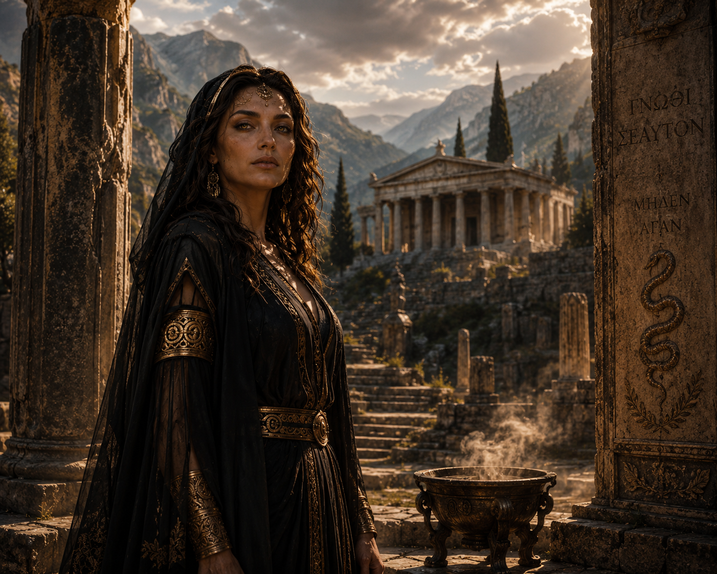 A woman dressed in black and gold medieval or fantasy-style clothing standing amidst ancient ruins with a classical temple and mountainous landscape in the background during sunset.
