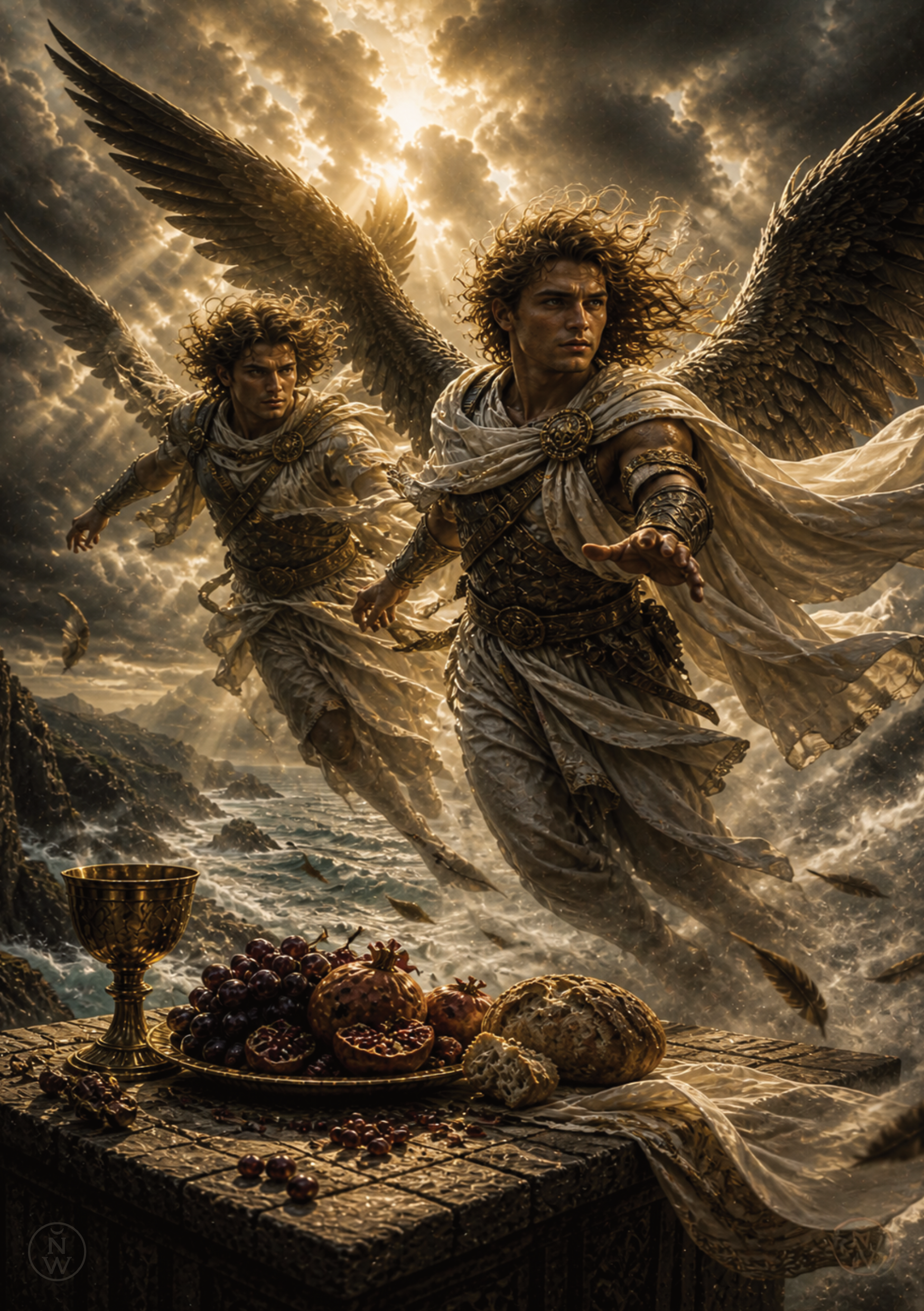 Zetes and Calais, the winged Boreads, moving through the air and driving away the Harpies in Greek mythology.