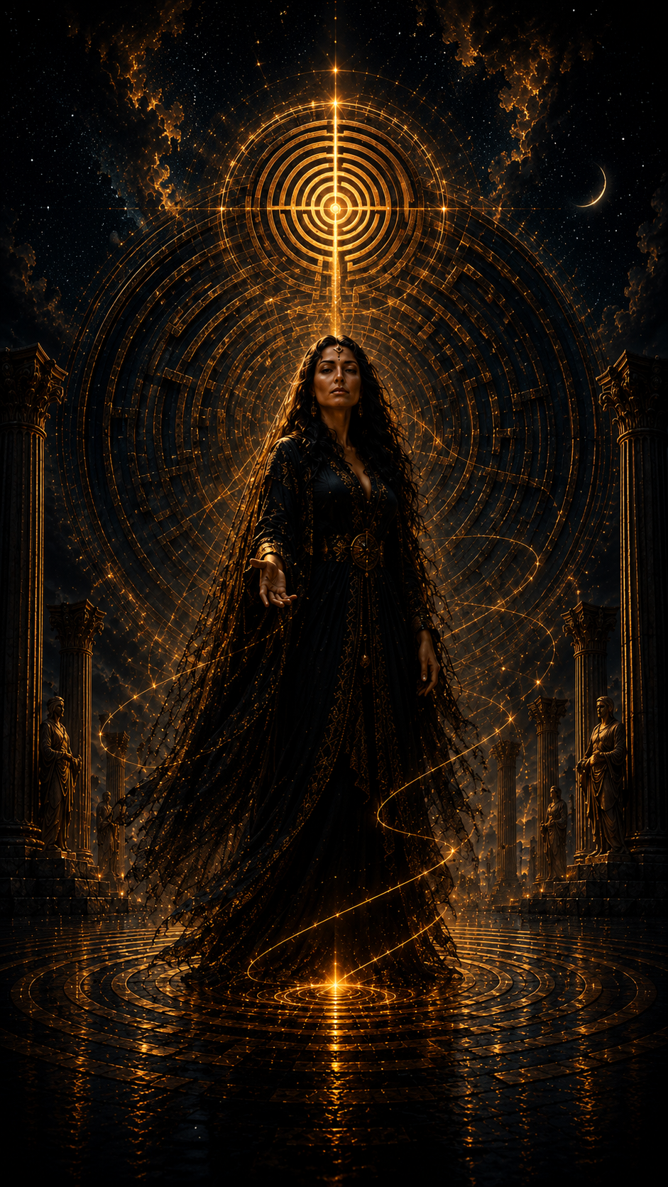 A fantasy scene featuring a woman in a black, ornate dress with long curly hair, standing amidst ancient columns. She is illuminated by glowing golden light, with a celestial, starry sky and crescent moon behind her. Glowing golden rings and geometric patterns surround her, creating a mystical aura.