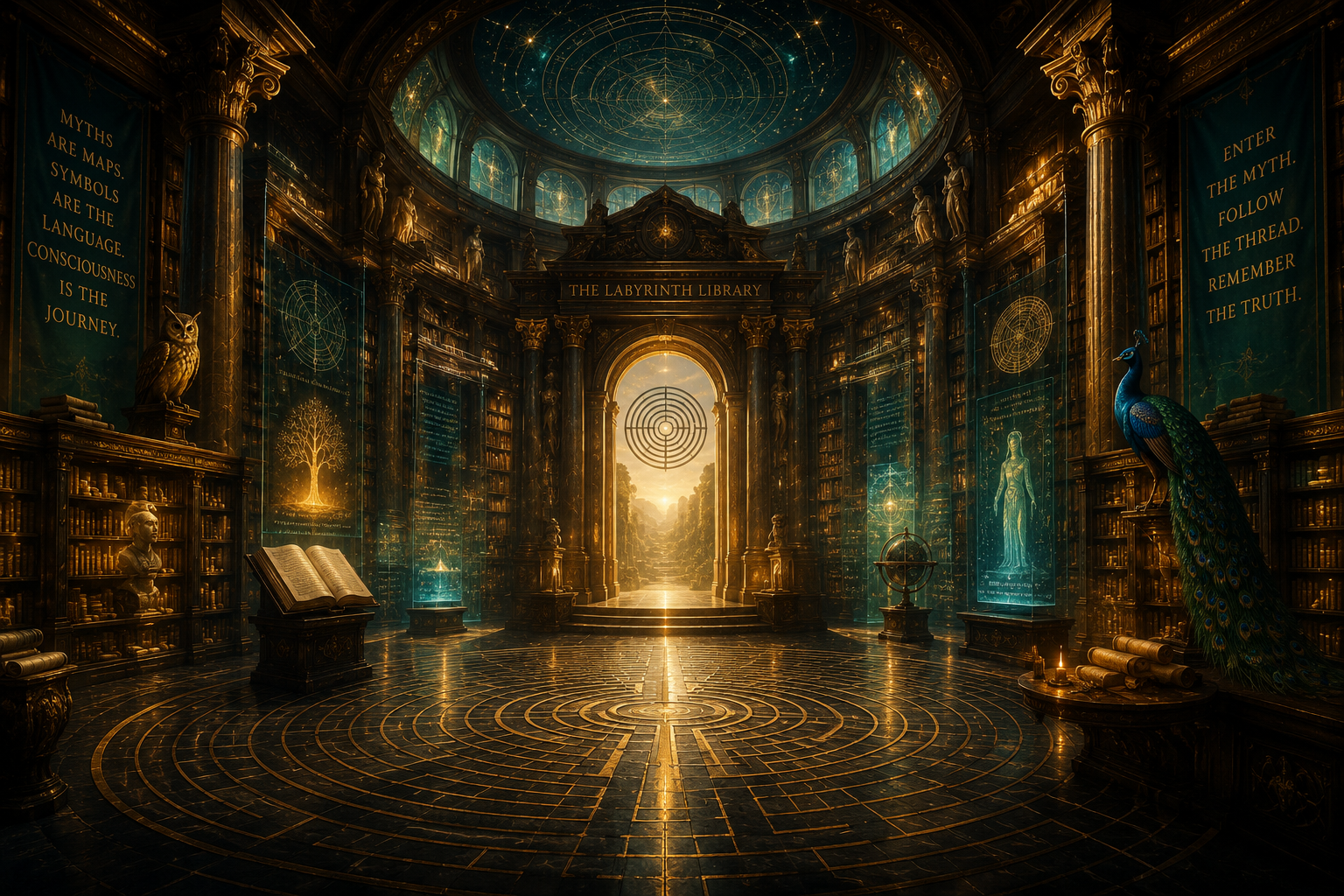A grand, ornate library called 'The Labyrinth Library' with gold accents, bookshelves, sculptures, books, a peacock, and glowing blue holographic displays of scientific diagrams, with a large central Fibonacci spiral on the floor and a glowing horizon.